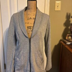 CAbi drop off pinstripe high low blazer stretch knit